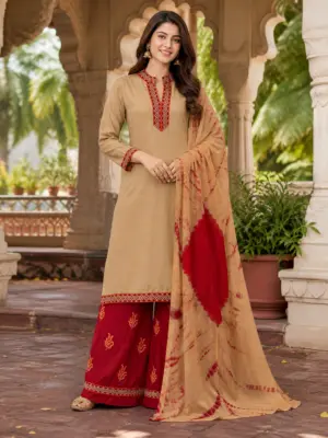 Beige & Maroon Embroidered Kurti Palazzo Set with Dupatta - Image 2