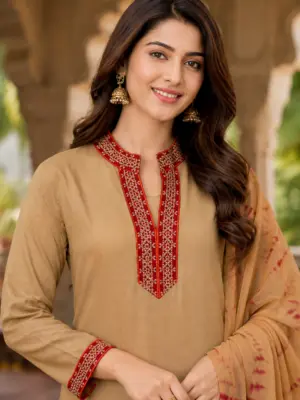 Beige & Maroon Embroidered Kurti Palazzo Set with Dupatta - Image 3