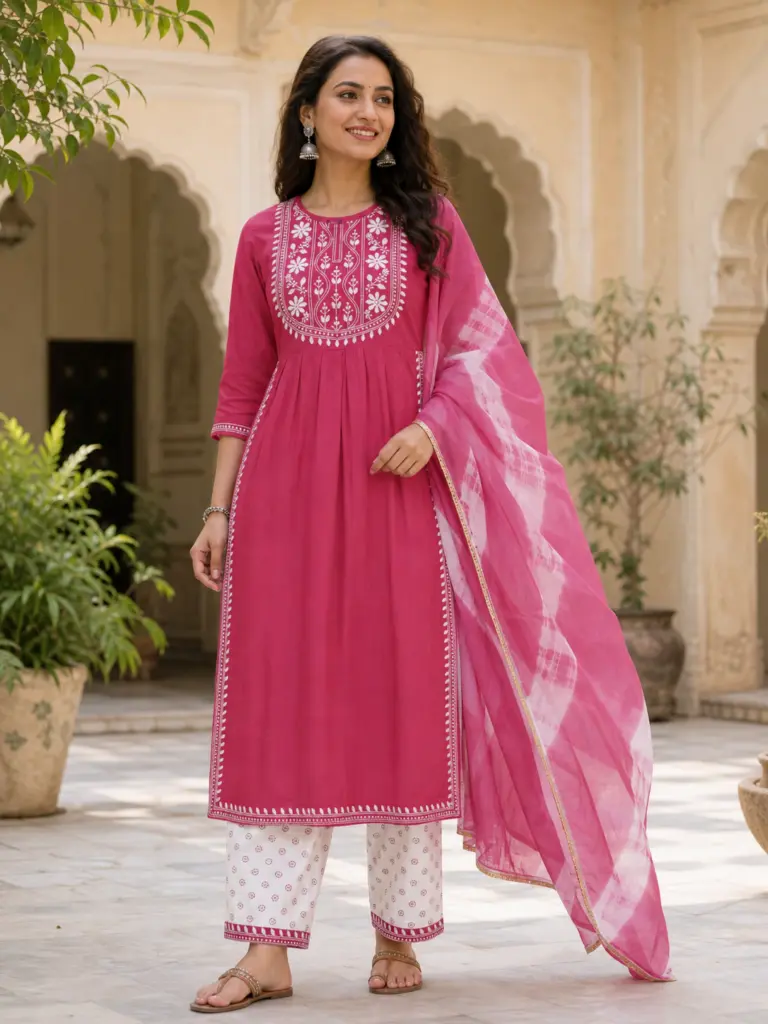 Gulabi Noor Embroidered Kurti with Printed Pant and Dual Shade Dupatta