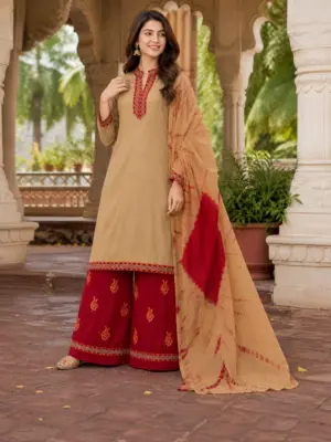 Beige & Maroon Embroidered Kurti Palazzo Set with Dupatta - Image 4