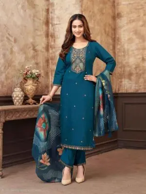 Embroidered Premium Vertican Silk Kurta with Pants and Heavy Chanderi Jacquard Dupatta - Image 4