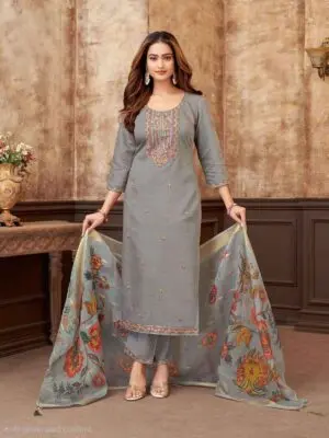 Embroidered Premium Vertican Silk Kurta with Pants and Heavy Chanderi Jacquard Dupatta - Image 2