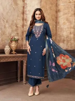 Embroidered Premium Vertican Silk Kurta with Pants and Heavy Chanderi Jacquard Dupatta - Image 5
