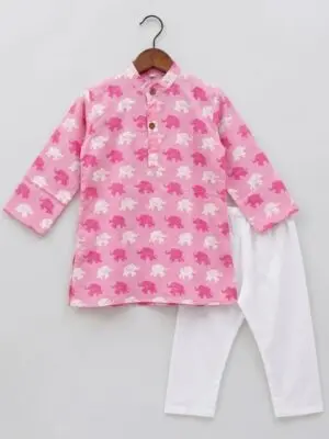 Boys Elephant Print Cotton Kurta Pajama Set - Image 2