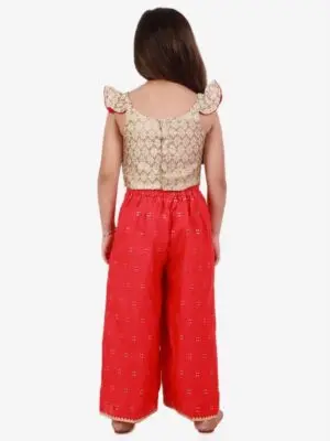 Frill Detail Brocade Top with woven design Palazzo Gold and Coral - Image 3