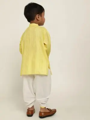 Boys Yellow Embroidered Cotton Kurta with White Dhoti Set - Image 7