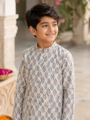 Boys Ivory Grey Kurta Pyjama Set - Image 2