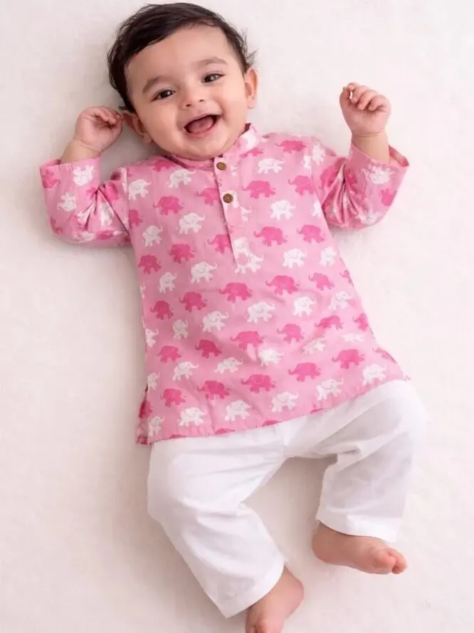 Boys Elephant Print Cotton Kurta Pajama Set