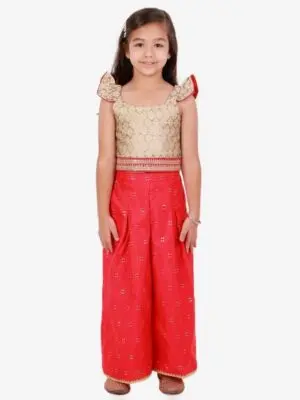 Frill Detail Brocade Top with woven design Palazzo Gold and Coral - Image 2