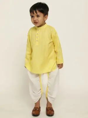 Boys Yellow Embroidered Cotton Kurta with White Dhoti Set - Image 5