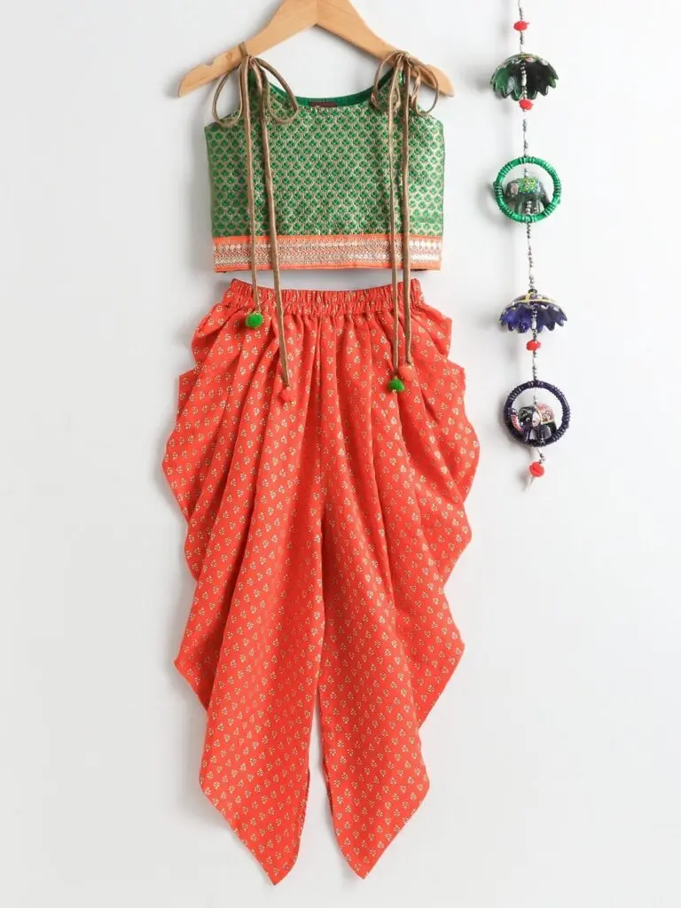 Girls Emerald Woven Top with lining and Orange Dhoti Set