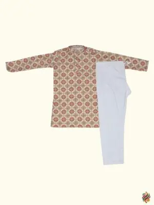 Boys Ivory Coral Kurta Pyjama Set - Image 4