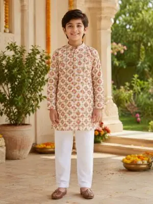 Boys Ivory Coral Kurta Pyjama Set - Image 3