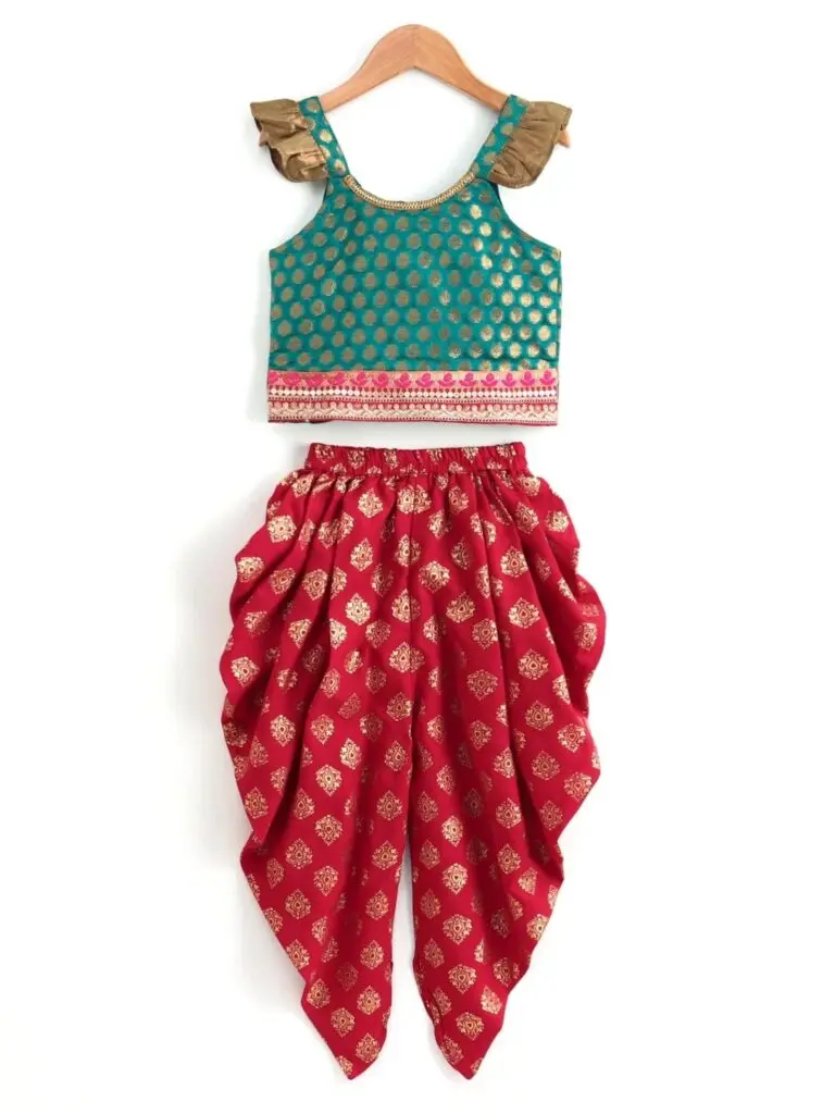 Girls Butta-Embroidered Brocade Top with Lining and Designer Dhoti Set