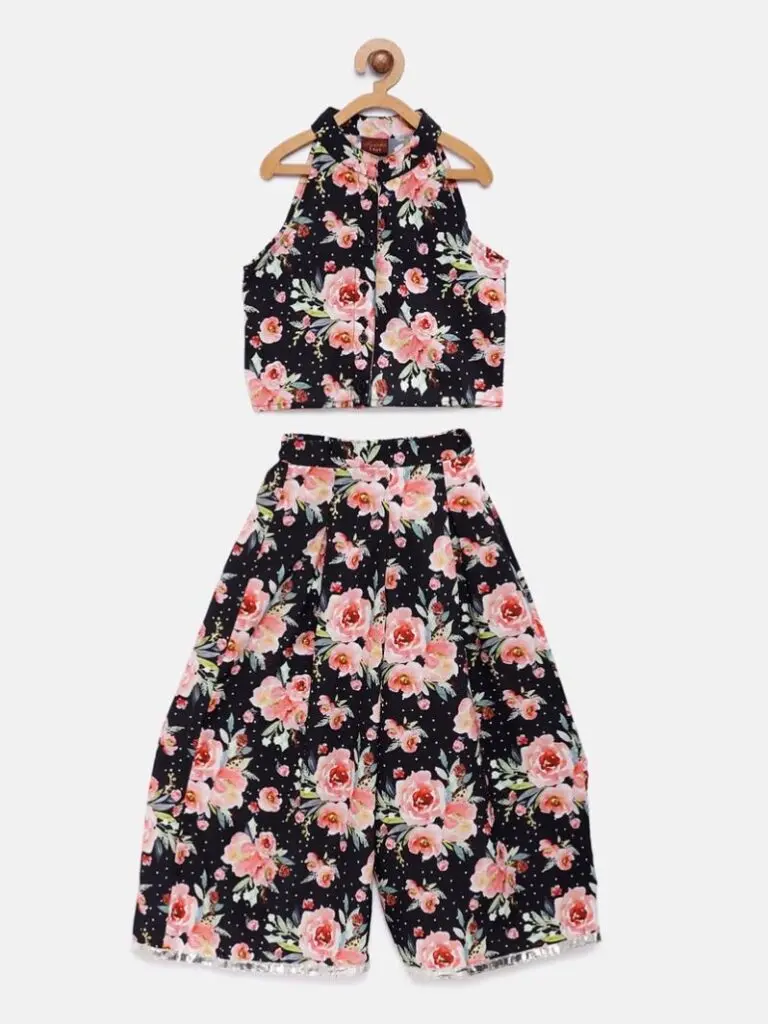 Girls Dress Ethnic Black & Pink Floral Printed Top with Palazzos
