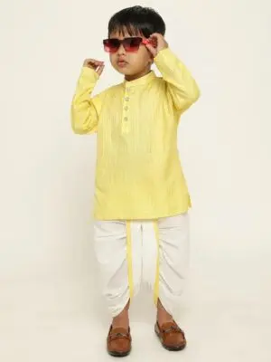 Boys Yellow Embroidered Cotton Kurta with White Dhoti Set - Image 2