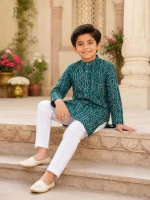 Teal and Plum color Bandhani Boys Kurta Pyjama Set - Image 7