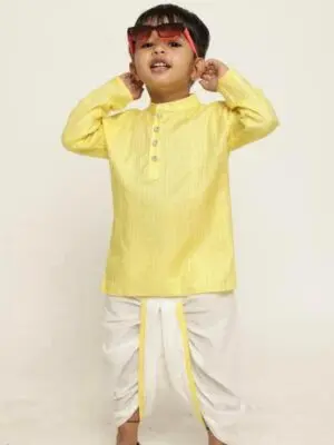 Boys Yellow Embroidered Cotton Kurta with White Dhoti Set - Image 3