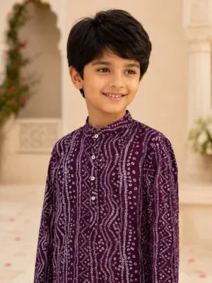 Teal and Plum color Bandhani Boys Kurta Pyjama Set - Image 2