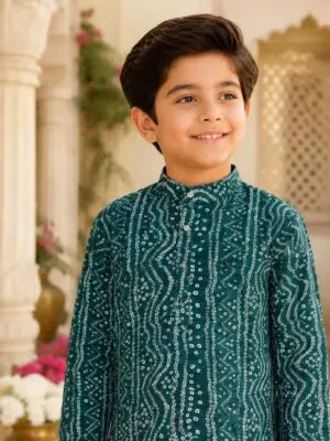 Teal and Plum color Bandhani Boys Kurta Pyjama Set - Image 9