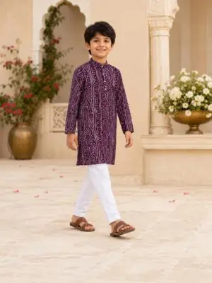 Teal and Plum color Bandhani Boys Kurta Pyjama Set - Image 3