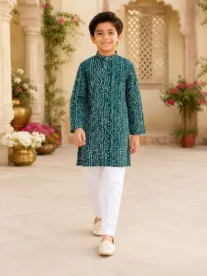 Teal and Plum color Bandhani Boys Kurta Pyjama Set - Image 8