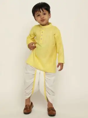 Boys Yellow Embroidered Cotton Kurta with White Dhoti Set - Image 4