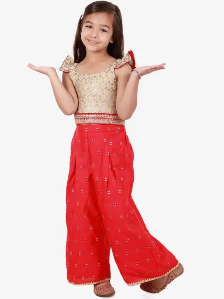 Frill Detail Brocade Top with woven design Palazzo Gold and Coral