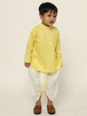 Boys Yellow Embroidered Cotton Kurta with White Dhoti Set - Image 6