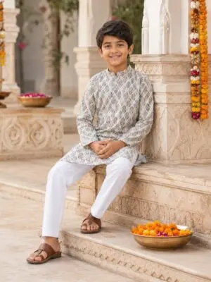 Boys Ivory Grey Kurta Pyjama Set - Image 4