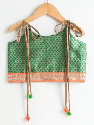 Girls Emerald Woven Top with lining and Orange Dhoti Set - Image 2