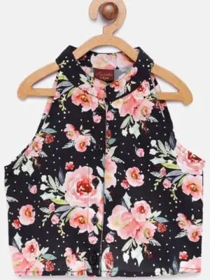 Girls Dress Ethnic Black & Pink Floral Printed Top with Palazzos - Image 2