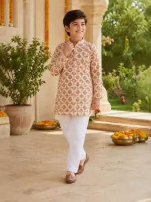 Boys Ivory Coral Kurta Pyjama Set - Image 2
