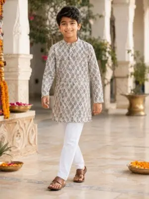 Boys Ivory Grey Kurta Pyjama Set - Image 3