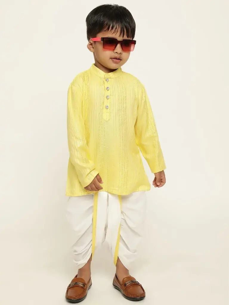 Boys Yellow Embroidered Cotton Kurta with White Dhoti Set