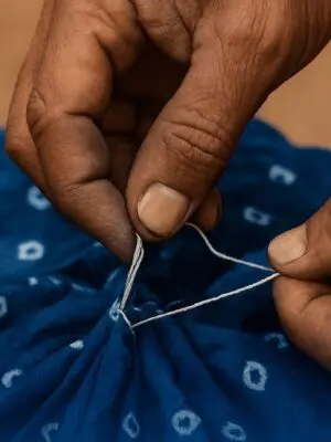 Fingers pinching one section of fabric and tying a knot