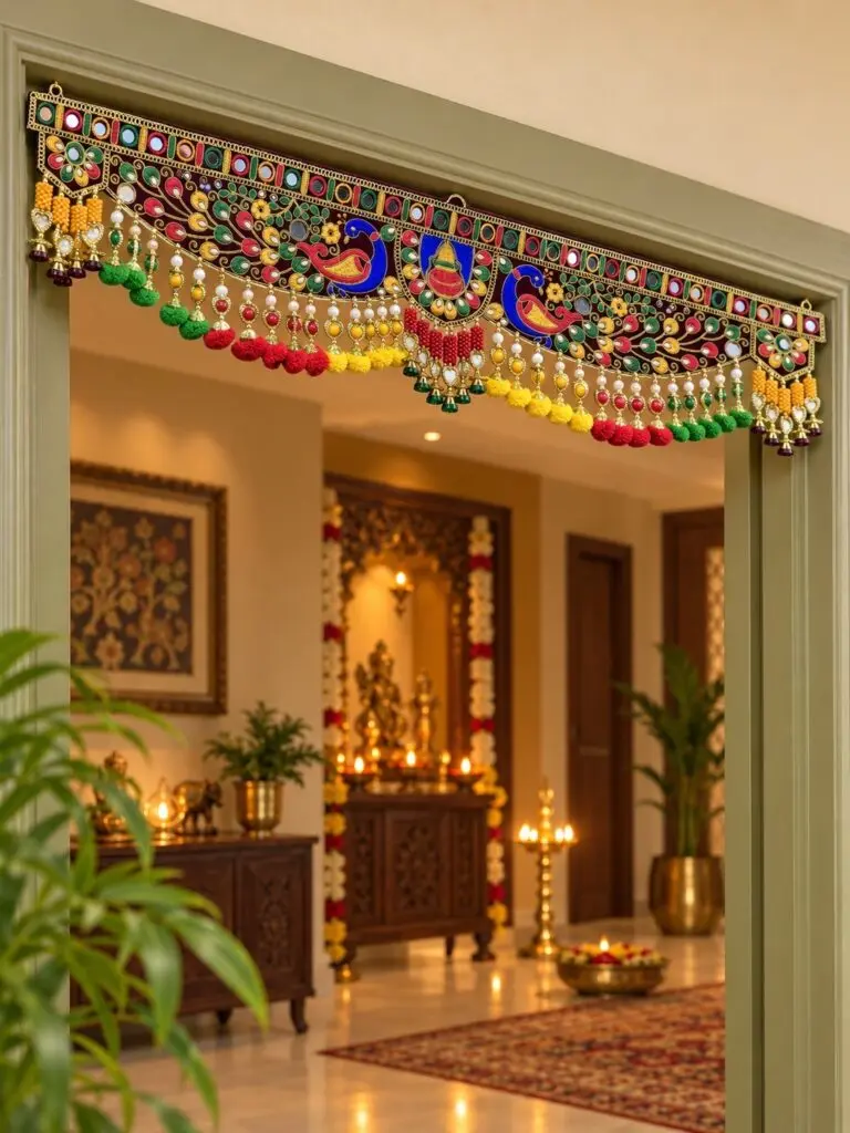 Colourful Peacock & Kalash Embroidered Maroon Toran with Latkans & Mirror Work