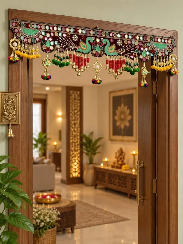 Green Peacock Pair Maroon Toran with Beaded Latkans & Mirror Work