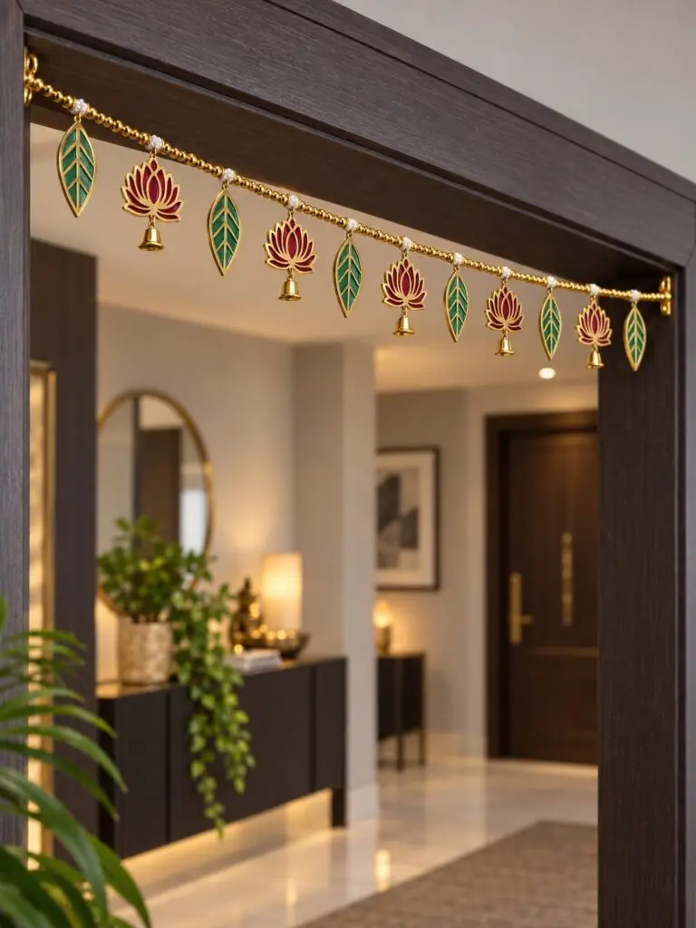 Red Lotus & Green Leaf Gold Beaded Toran with Bells