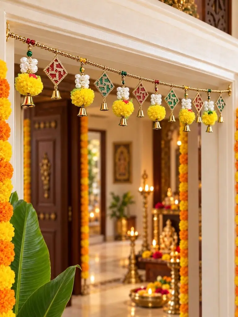 Yellow Floral Swastika & Bell Toran with Pearl Beads