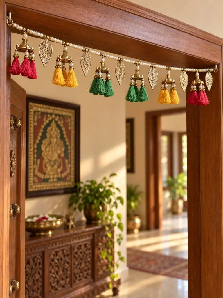 Multicolour Tassel & Om Leaf Pearl Beaded Toran