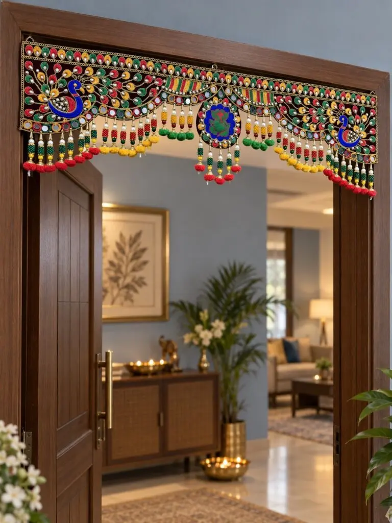 Peacock & Ganesh Embroidered Maroon Toran with Beaded Latkans & Mirror Work