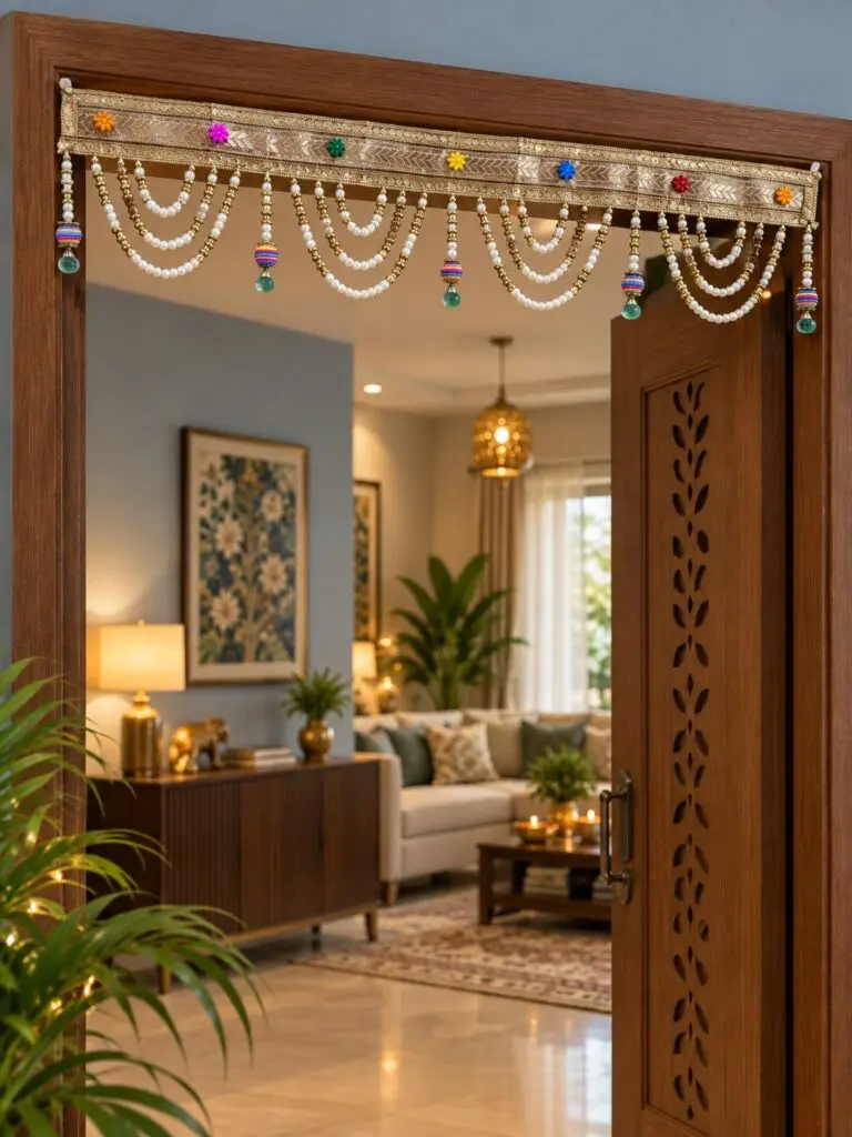 Gold Pearl Draped Shining Toran with Multicolour Floral Accents