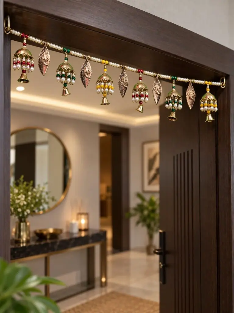 Multicolour Pearl Beaded Ganesh Leaf & Jhumka Bell Toran