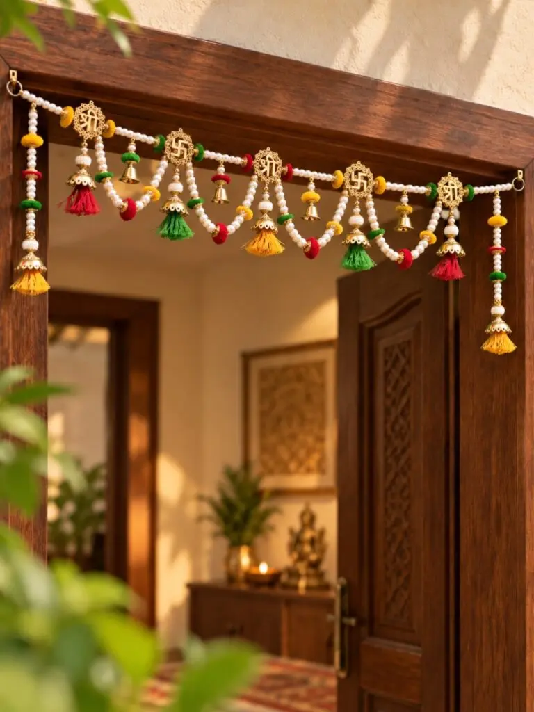 Multicolour Pearl Beaded Shree & Swastika Toran with Tassels & Bells